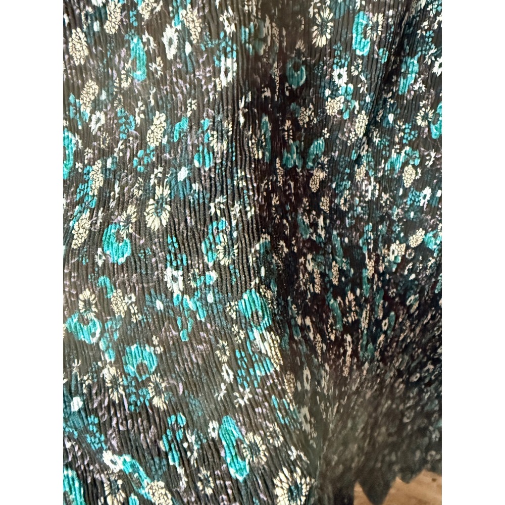Zara Women Teal Black Floral Plisse Mini Dress Tie Neck Ruffle Long Sleeve Large - Picture 3 of 11